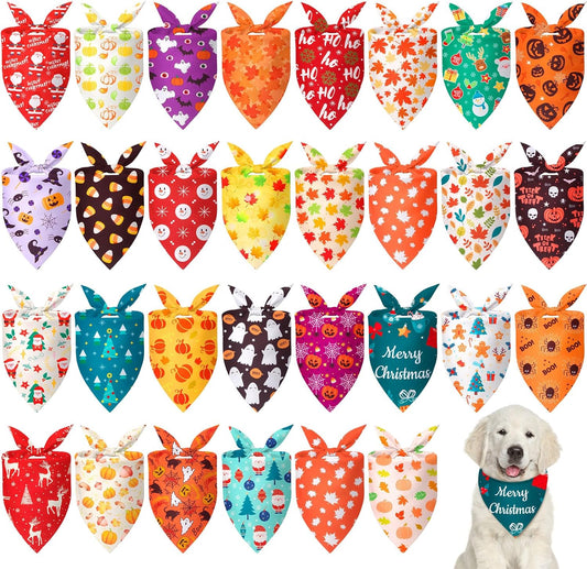 Chunful 30 Pcs Holiday Dog Bandanas Bulk for Fall Thanksgiving Halloween Christmas with Maple Leaves Pumpkin Ghost Snowman Seasonal Triangle Pet Scarf for Small Medium Large 25.6 x 17.7 x 17.7 in