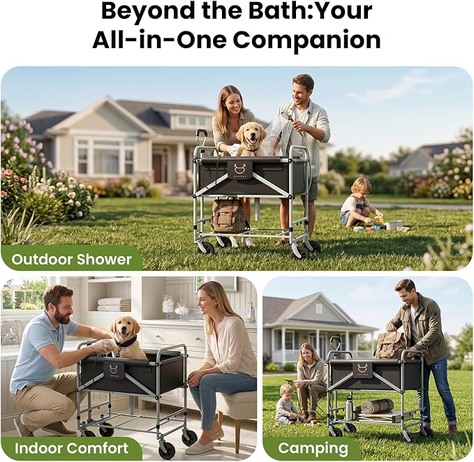 Foldable Dog Bath Cart for Dirty Outdoor Dogs,Adjustable Height pet Bath Cart for Small and Medium Dogs(5-55 lbs) and Cats,Four-Wheel Bathing Cart with Brake,No Need to Carry Your Muddy Pup Home
