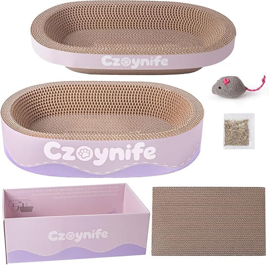 3PCS Cat Scratcher Cardboard, Oval Cat Scratch Pad Bowl Nest for Indoor Cats, Round Cat Scratching Board Corrugated Lounge Cat Bed, Furniture Protector for Couch (Purple, 15.7 * 10 in)