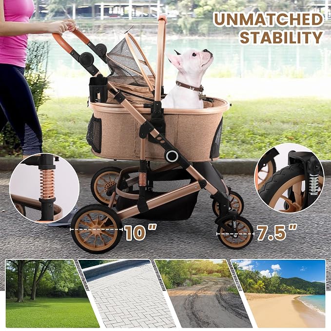 Bicystar Dog Stroller with Detachable Carrier, Rubber Wheels, 50 lbs, Tan | 3-in-1 stroller and car seat, real solid rubber wheels, fits 2 small or 1 medium pet, foldable frame