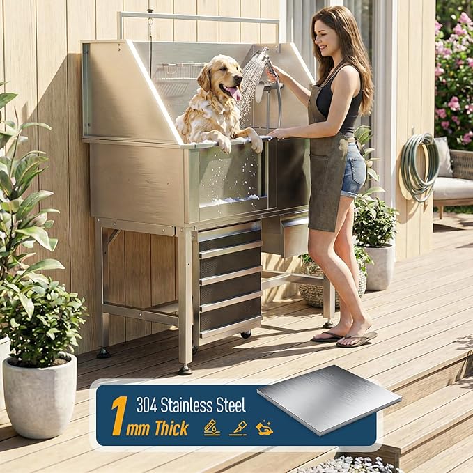 46" Dog Washing Station, Leak-Proof 304 Stainless Steel Dog Bathtub with Non-Slip Removable Left Stair & Storage Drawer, Elevated Pet Wash Station for Large Dogs, Indoor & Outdoor Use (Left Ramp)