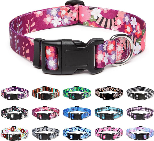 Mercano Adjustable Dog Collar - Special Design Patterns, Soft Nylon Comfortable Durable Pet Collar for Small Medium Large Dogs (M, Colorful Flower)