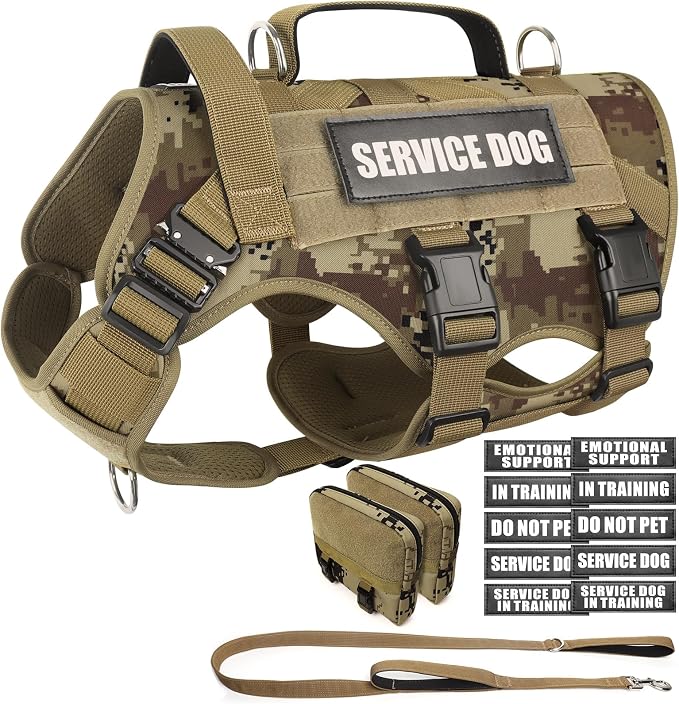 Tactical Dog Harness with Dog Leash, Service Working MOLLE Vest with 10 Pet Patches for Dog, No Pull Military Harness and Backpack for Training Hunting Walking
