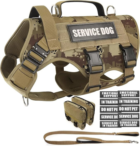 Tactical Dog Harness with Dog Leash, Service Working MOLLE Vest with 10 Pet Patches for Dog, No Pull Military Harness and Backpack for Training Hunting Walking