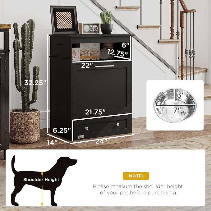 PawHut Dog Feeding Station with Raised Bowls, Pet Feeder Station, Black | Dog Food Storage Cabinet, Hanger for Feeding & Watering Supplies