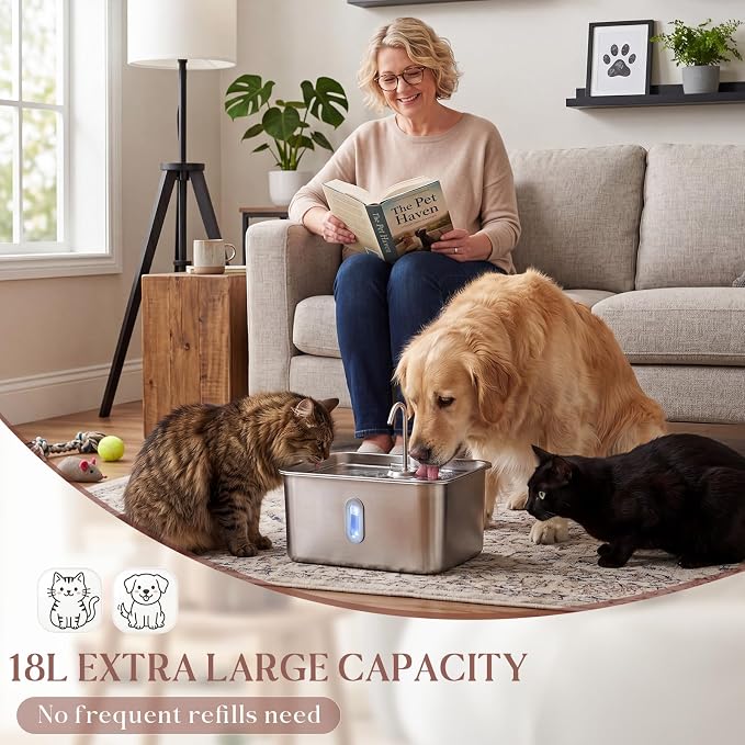 18L/4.76 Gal Extra Large Dog Water Fountain Stainless Steel Quiet Pet Automatic Water Fountain for Large Dogs with Deeper Wider Drinking Bowl and Visible Level Window for Multi-pet Household
