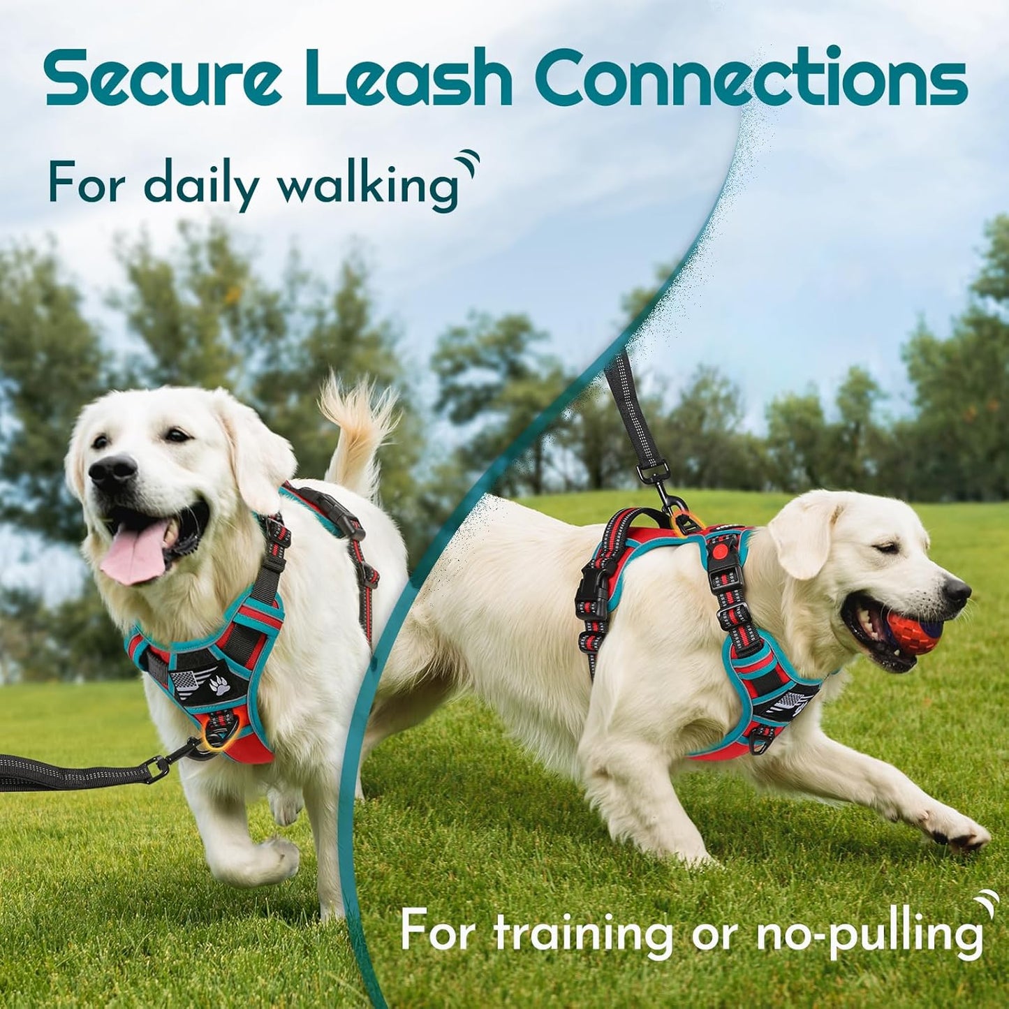 Eagloo Dog Harness Small Sized, Easy Wearing with 3 Buckles, Adjustable No Pull Pet Harness with 2 Rings for Walking, No Chock Reflective Soft Padded Vest with Control Handle, Red & Teal, S