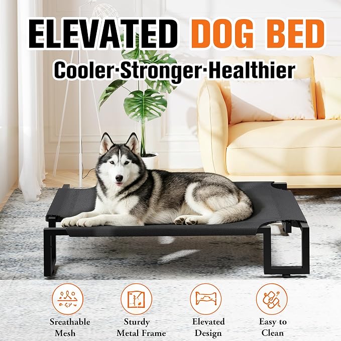 Elevated Dog Bed,Raised Outdoor Dog Bed for Large Sized Dogs Black | Portable Cooling Dog Cot with Washable Breathable Teslin Mesh,Waterproof Pet Bed for Indoor,Durable,No-Slip Feet,110×76×21cm