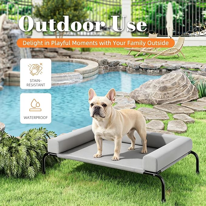 Simple Trending Elevated Dog Bed, Medium Dog Outdoor Cot, 36.5"x23.5", Grey | Cooling Raised Pet Bed, Removable & Washable Cover, Bolster Design, Breathable Mesh, Non-Slip Feet, Indoor & Outdoor Use