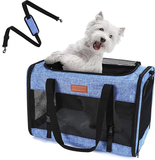 Foldable Cat Dog Carrier for Pets up to 15 Lb, Blue | Top & Side Entry, Soft-Sided Pet Carrier with Ventilated Anti-Scratch Mesh & Car Seat Buckle for Car Travel, 20×13×13 in
