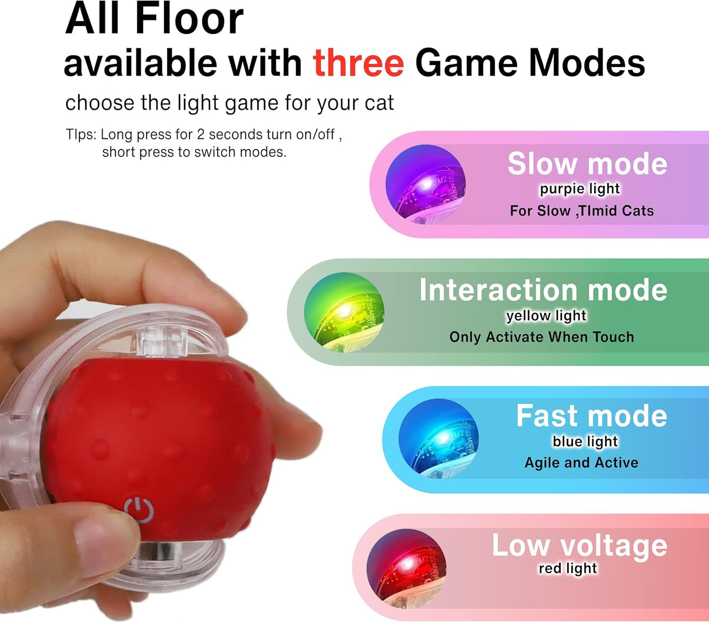 Interactive Cat Toy – Motion Activated Rolling Ball with LED Lights & 3 Play Modes & Two Different Tails - Best Toy for Indoor Cats & Kittens to Stay Active and Stimulate Hunting Instinct (Red)