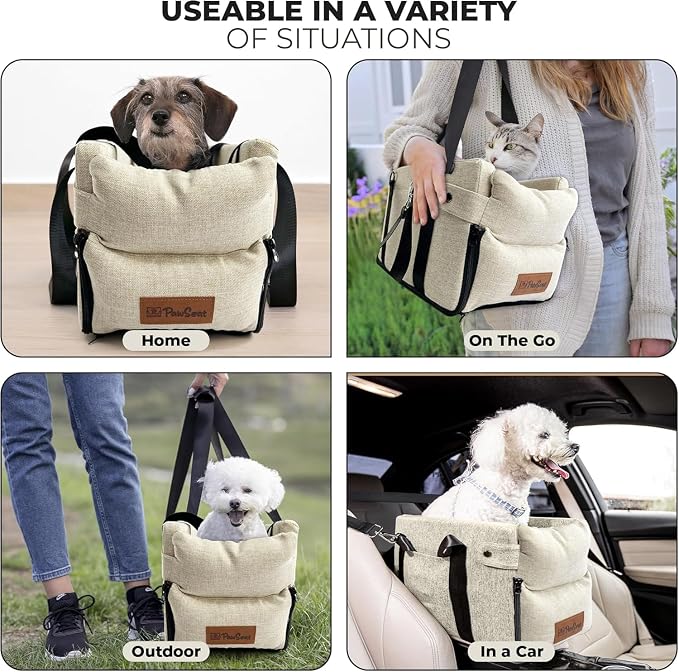 Center Console Dog Car Seat for Small Dogs and Puppies 5-13Lbs, Ideal Armrest Booster Car Travel Seat with Safety Protection Seat Belts, Storage Pockets - Reduces Anxiety (Woven - Beige)