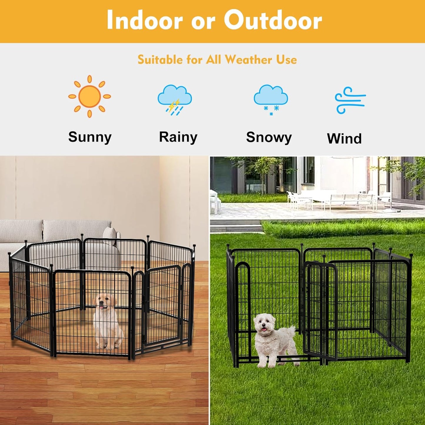 Dog Playpen 48inch 12 Panels, Puppy Playpen Indoors, Dog Fence Outdoor for Yard, Wide Door Low Threshold Garden Fence for Medium/Large Pets. Black Dog Pens Total 26.6 Ft(L)