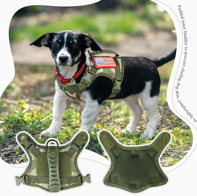 Tactical Service Dog Harness for Small Dogs, Adjustable Military K9 Working Vest with Vertical Handle, Water-Resistant MOLLE Training Gear, Camo, XS