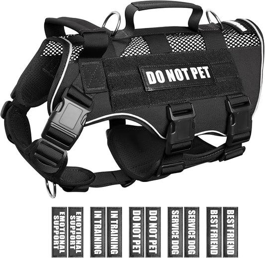 Tactical Molle Vest Mesh Dog Harness with 10 Removale Pet Patches | Breathable Service Dog harness with Double Soft Padded Handle for Large Dog, Reflective Military Pet Vest for Walk Hiking