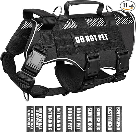 Tactical Molle Vest Mesh Dog Harness with 10 Removale Pet Patches | Breathable Service Dog harness with Double Soft Padded Handle for Medium Dog, Reflective Military Pet Vest for Walk Hiking