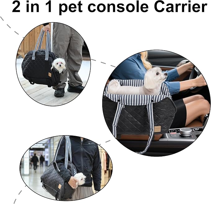 Small Dogs Under 12 lbs Adjustable Portable Center Console Car Seat, Built-in Bubble wrap, Fits Most Cars & SUVs with Convenient Handbag Functionality, Stylish Travel Pet Bag (Black)