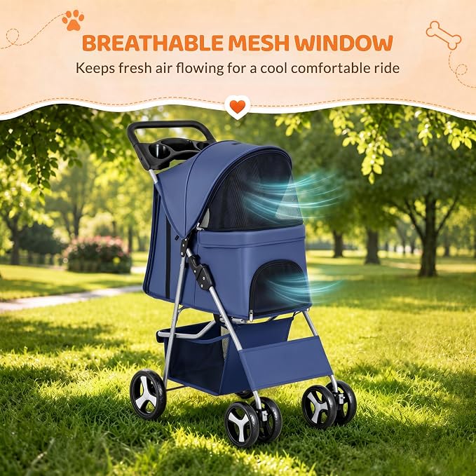 ZENY Foldable Pet Stroller, Cat/Dog Stroller with 4 Wheel, Pet Travel Carrier Strolling Cart with Storage Basket, Cup Holder (Navy Blue)