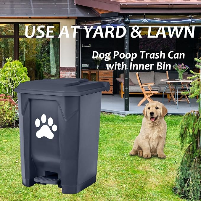 Dog Poop Trash Can Outside Outdoor Pet Waste Bucket with Lid Garbage Bin | Outdoors Pet Waste Station Dog Waste Disposal Container with Removable Inner Bin for Garden Yard Home Dog With Waste Bag Grey