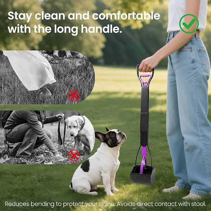 32in Dog Pooper Scooper with Bag Attachment, Foldable Long Handle | Thickened ABS dog scooper for large dogs. Features curved grip, jagged teeth, 120 bags, clip & extra 2x springs/buckles.