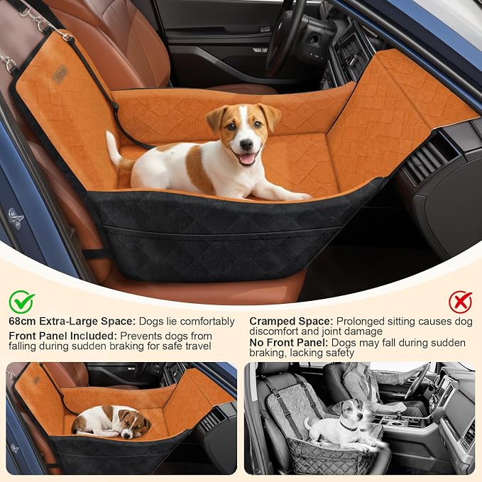 Elevated Dog Car Seat for Small and Medium Dogs Up to 35 lb | 4" High-Density Foam Dog Car Bed, 2 Storage Pockets,3 Safety belts,Fully Removable and Washable for Easy Care,Black+Brown