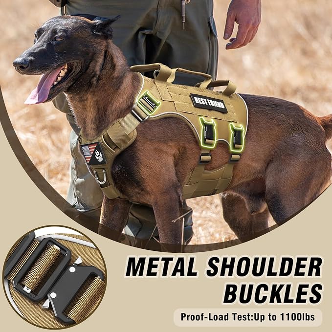 Air Mesh Tactical Dog Harness with Metal Buckles&MOLLE,Brown Large | Breathable Adjustable No Pull Service Dog Vest with 3 Padded Handles,Military Dog Harness for Training Hiking Hunting Working