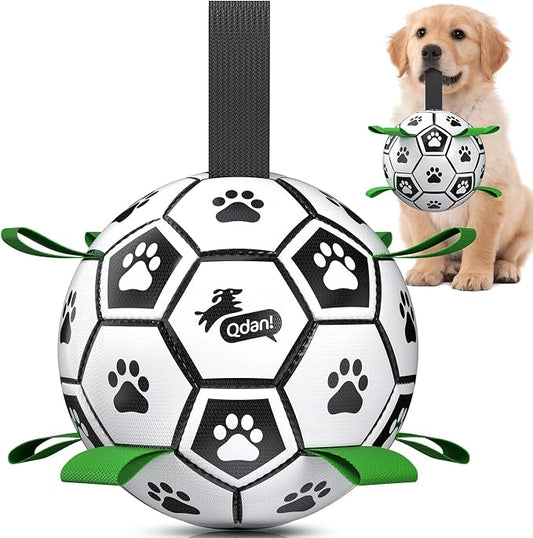 QDAN Dog Toys for Small Medium Puppy, Soccer Ball for Dogs with Straps, Dog Herding Balls, Birthday Toy Gifts, (Black Greem, 6 Inch)