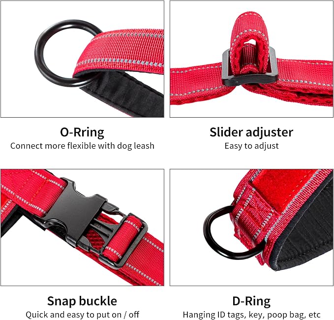 Annchwool No Pull Dog Harness with Padded Handle+5 Ft Leash,Reflective Strip Escape Proof and Quick Fit to Adjust Dog Harness,Easy for Training Walking for Small & Medium and Large Dogs(Red-Set,XL)
