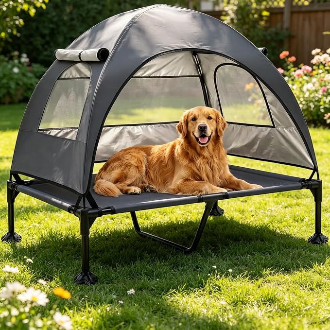 Elevated Dog Bed, Large Raised Dog Cot with Removable Shade Canopy for Large Dogs, Outdoor Portable Pet Tent with Breathable Mesh for Camping, Beach, Patio (Dark Gray, 50" L x 32" W x 42.5" Th)