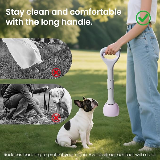 Dog Pooper Scooper Portable with Bag Attachment, One Handed Foldable Design, Includes 120 Waste Bags and Dispenser, 19 Inch Handle for Grass Yard Gravel Cleanup (Purple)
