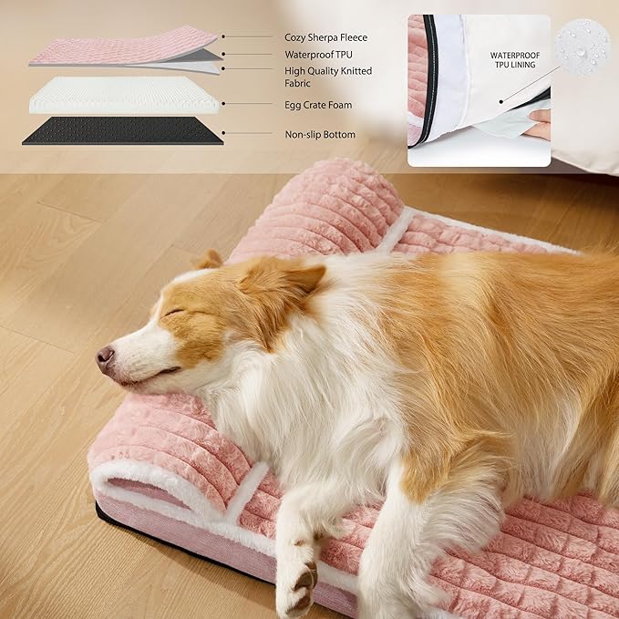 Orthopedic Large Dog Bed Pillow Pet Sofa Bed 56''X40'' Pink | Egg-Crate Foam Pet Couch Large Sized Dog, Waterproof Removable Washable Cover,Furry Puppy Crate Mat With Nonskid Bottom