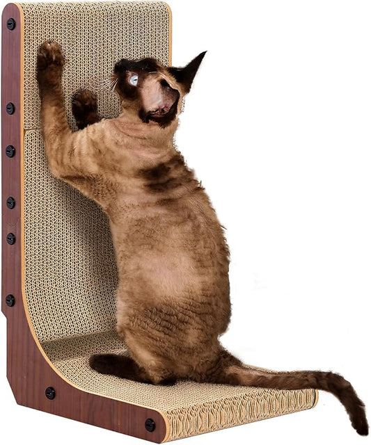 EHEYCIGA Cardboard Cat Scratcher for Indoor Kitten Cats, 19 Inch L Shaped Vertical Cat Scratching Board with Ball Cat Toy, Small Cat Scratcher Pad, Dark Brown