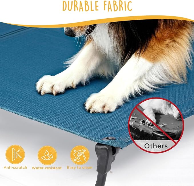 Upgraded Non-Slip Daisy Cot, Medium Foldable Elevated Dog Bed, Portable Raised Outdoor Dog Cot for Camping/Home, Chew Proof Waterproof Heavy Duty Up to 160 Lbs, Dark Blue, 32"x 23"