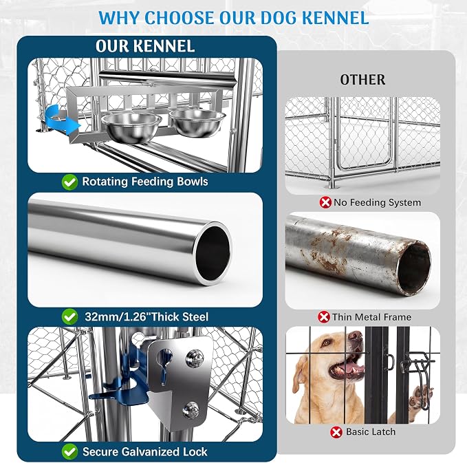 Redlife 7.5x7.5FT Heavy-Duty Outdoor Dog Kennel with Roof | Galvanized Steel Dog Cage, 360° Rotating Feeding Bowls, Double Door Opening, Waterproof Cover, Large Backyard Pet Enclosure