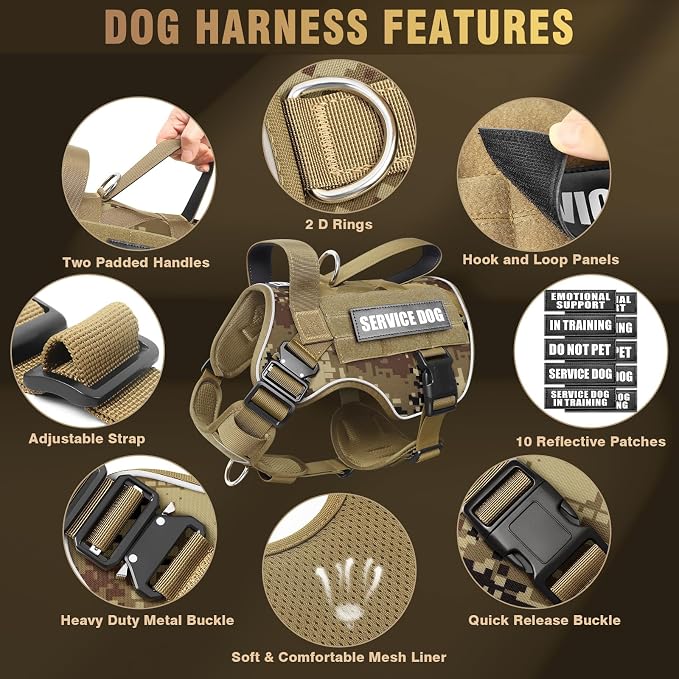 2X Metal Buckle Service Working MOLLE Dog Vest with 10 Pet Patches | Tactical Dog Harness for Large Dog, No-pull Military Working Vest for Training Hunting Walking，2x D Rings for Leash Clip