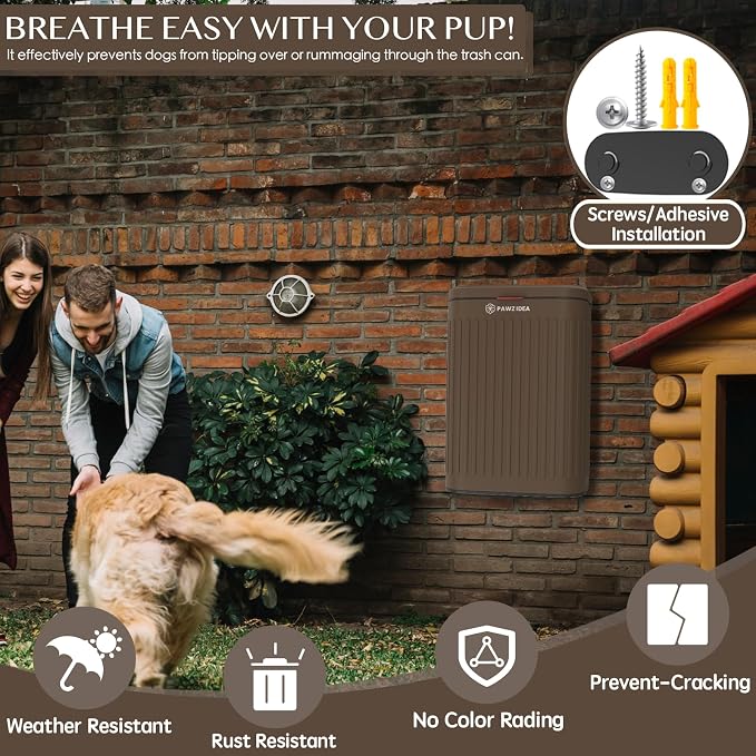PAWZIDEA Wall Mount Dog Poop Trash Can Outside, 2.1 Gallon Small Dog Waste Bin with Lid, Activated Carbon Odor Control, Waterproof Metal Pet Waste Disposal Container, Fence Hang Poop Proof Garbage Can