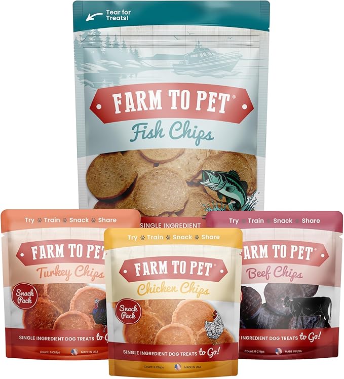 Farm To Pet - Puppy Packs 'N Snacks Dog Treat Starter Pack - Fish 4oz + 1 Chicken & 1 Beef & 1 Turkey Snack Pack - Single Ingredient Training Treats, All Natural, Lean for Small, Medium, Large Breeds