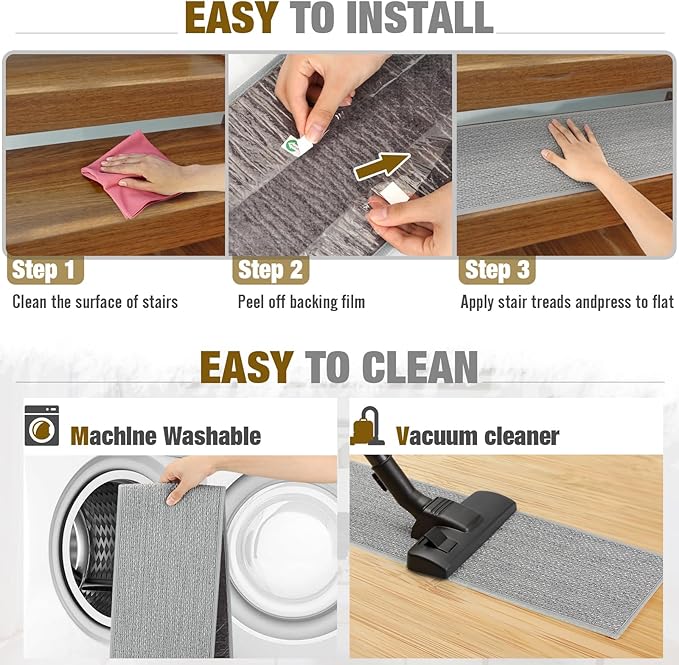 Stair Treads Non Slip for Wooden Steps Indoor 9" x 36" 8 Pack Extra Wide Stair Tread Carpet Stairs Runner, Step Pads with Reusable Adhesive for Dogs Kids Elders, Machine Washable, Light Grey