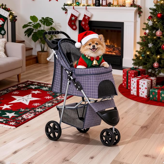 MoNiBloom Pet Stroller for Small/Medium Dogs and Cats up to 33 lbs, Plaid | Foldable 3 Wheels Pet Strolling Cart w/ Storage Basket Weather Cover Cup Holder, Breathable and Visible Mesh for All-Season