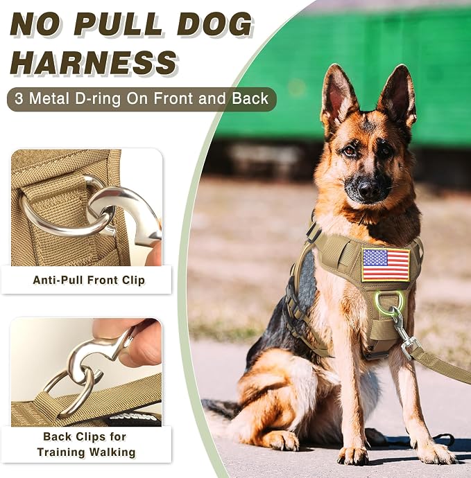 Tactical Dog Harness and Leash Set with Metal Buckles+10 Patches | Heavy Duty Service Dog Vest ,Adjustable Harness for Medium Sized Dogs,No Pull Front Back Clips,for Training Hiking,Brown M