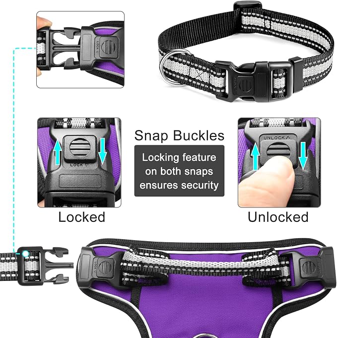 Dog Harness No Pull, Pet Harnesses with Dog Collar, Adjustable Reflective Oxford Outdoor Vest, Front/Back Leash Clips for Small, Medium, Large, Extra Large Dogs, Easy Control Handle for Walking