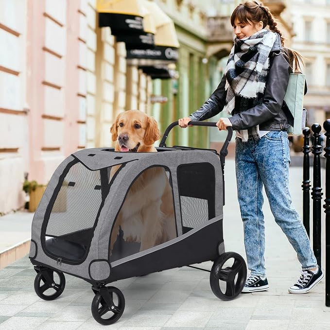 Saudism Dog Stroller for Large & Medium Dogs, Extra Large Pet Stroller, Dog Wagon for 2 Dogs, Foldable Design, Adjustable Handle, with Pocket, Up to 130 lbs