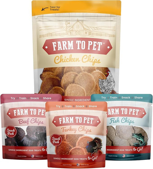 Farm To Pet - Puppy Packs 'N Snacks Dog Treat Starter Pack - Chicken 4oz + 1 Beef & 1 Turkey & 1 Fish Snack Pack - Single Ingredient Training Treats, All Natural, Lean for Small, Medium, Large Breeds