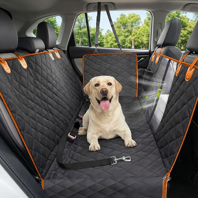 Dog Car Seat Cover, 600D Heavy Dute Car Seat Cover for Dogs Pets, 100% Waterproof Anti-Scratch Nonslip Dog Hammock for Cars, Seat Covers Protector with Seatbelt for Sedan SUV Truck XL Orange&Black