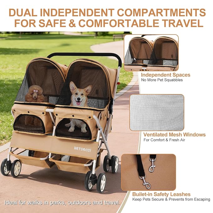 Double Pet Stroller for 2 Small Dogs & Cats, Side-by-Side Twin Travel Carriage with Safety Leashes, Mesh Windows & Double Storage Baskets, Lightweight & Foldable, 44lbs Capacity, Khaki
