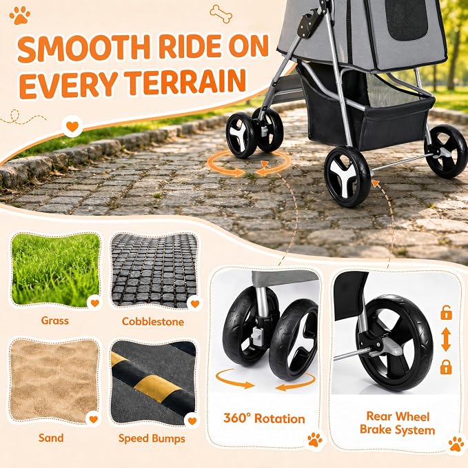 ZENY Foldable Pet Stroller, Cat/Dog Stroller with 4 Wheel, Pet Travel Carrier Strolling Cart with Storage Basket, Cup Holder (Grey)