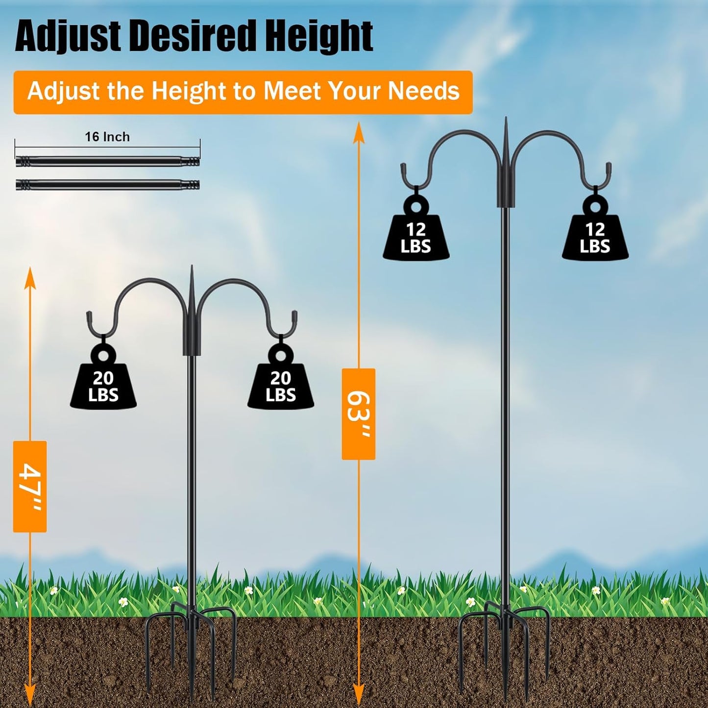 FEED GARDEN Adjustable Double Shepherds Hook for Outdoor with 5 Prong Base 63 Inch Heavy Duty Two Sided Bird Feeder Pole for Hanging Plant Baskets, Solar Light Lanterns, Wind Chimes 2 Pack
