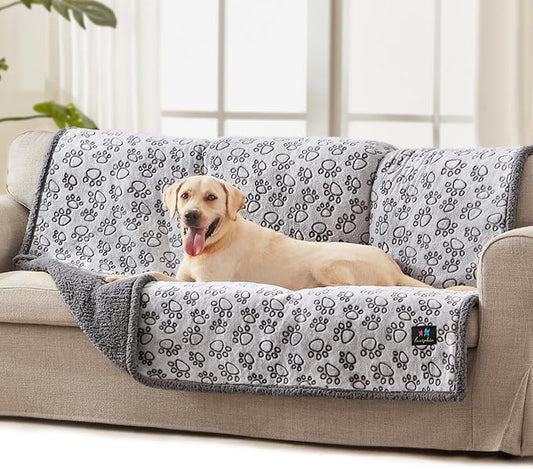 Luciphia Waterproof Pet Blankets for Couch Sofa Bed Cover Liquid Pee Proof Washable Soft Fluffy Large Dog Blanket Reversible Furniture Protection Paw Grey Large（65" x 57"）
