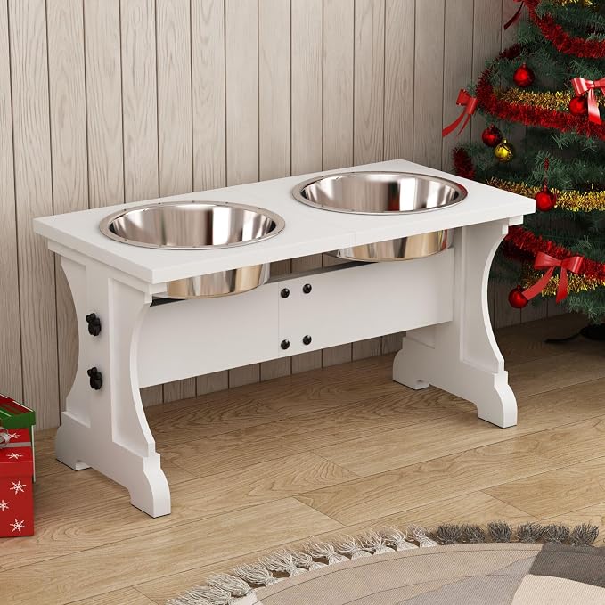 Piskyet Elevated Dog Bowls,Dog Bowl Stand, 7 Cups 11" H_55 oz Bowl-White | White Dog Bowls Stand, Raised Dog Bowl with 2 Stainless Steel Wooden Dogs Bowls for Medium Size Dogs