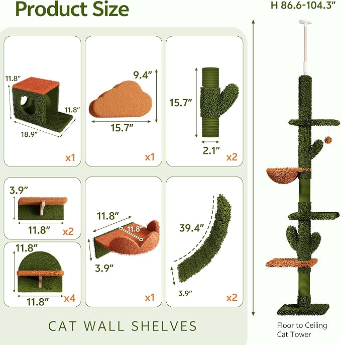 Cactus Cat Climbing Furniture Set with Floor to Ceiling Cat Tree | 5 Tier Cat Tower Adjustable Height (87-104in) and Wall Mounted Cat Shelves, with Cat Scratching Posts, Hammock, Condo, Green